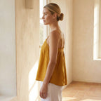 Yellow Cotton Flax Spaghetti Strap Top with Elastic Gathered Back