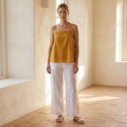 Yellow Cotton Flax Spaghetti Strap Top with Elastic Gathered Back