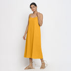Front View of a Model wearing Yellow Cotton Flax Strap Sleeve A-Line Dress