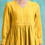 Yellow Cotton Flax V-Neck Gathered Short Dress