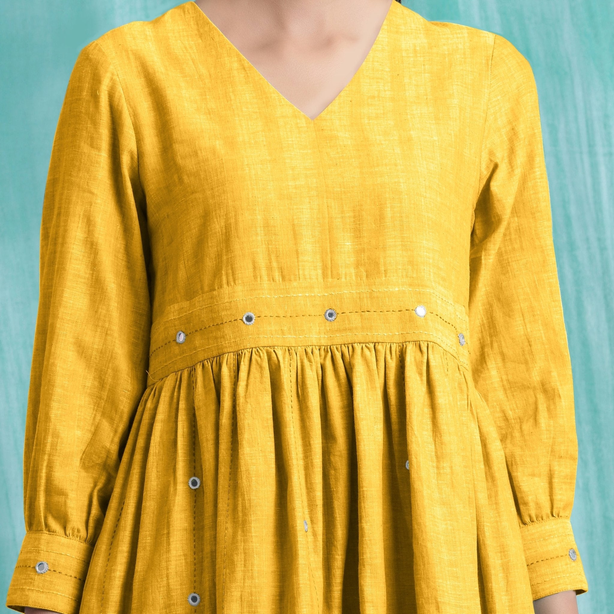 Yellow Cotton Flax V-Neck Gathered Short Dress