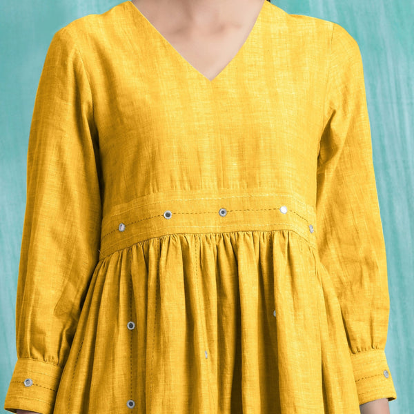 Yellow Cotton Flax V-Neck Gathered Short Dress