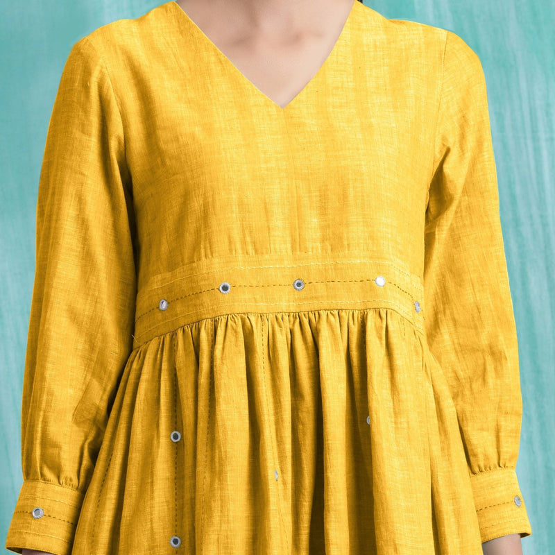 Yellow Cotton Flax V-Neck Gathered Short Dress