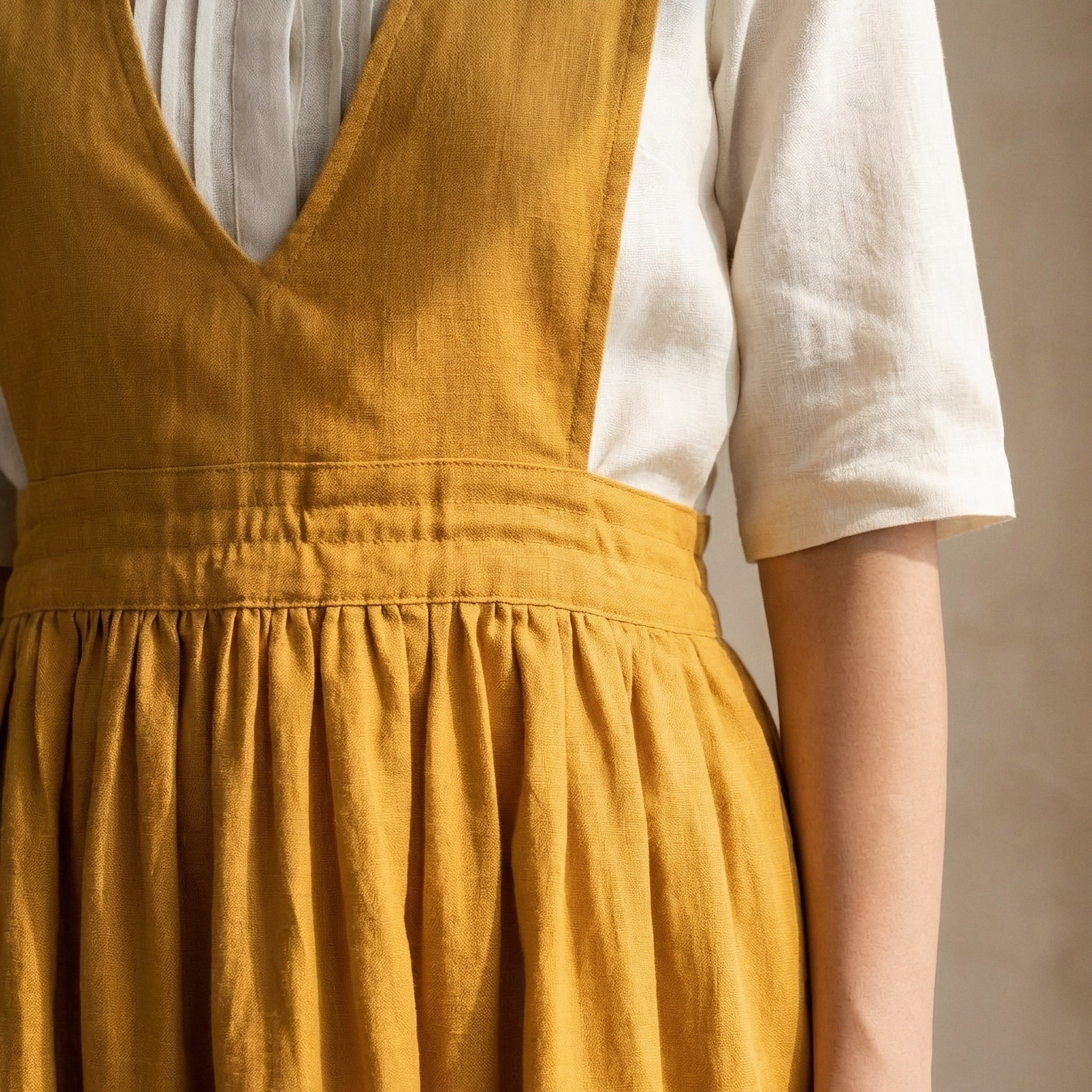 Yellow Cotton Flax V-Neck Pinafore Midi Wrap Dress