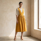 Yellow Cotton Flax V-Neck Pinafore Midi Wrap Dress