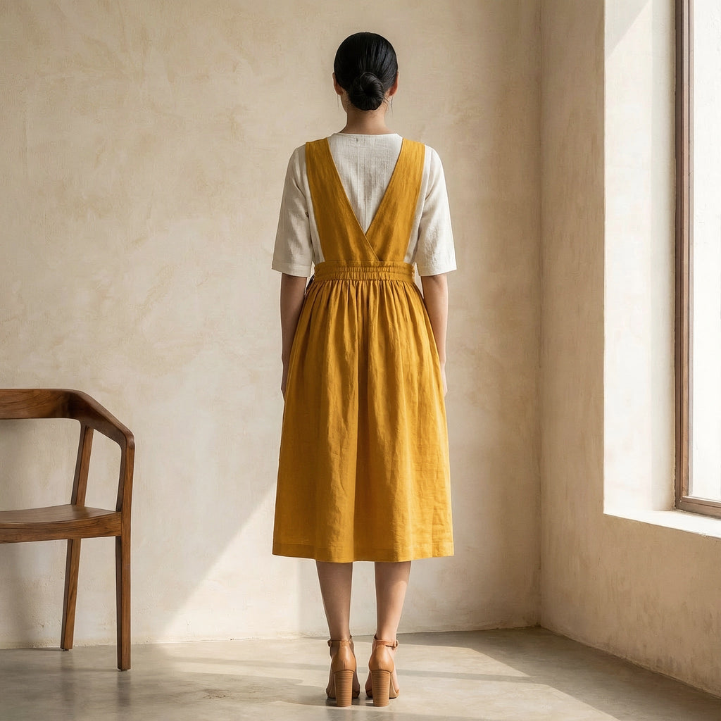 Yellow Cotton Flax V-Neck Pinafore Midi Wrap Dress