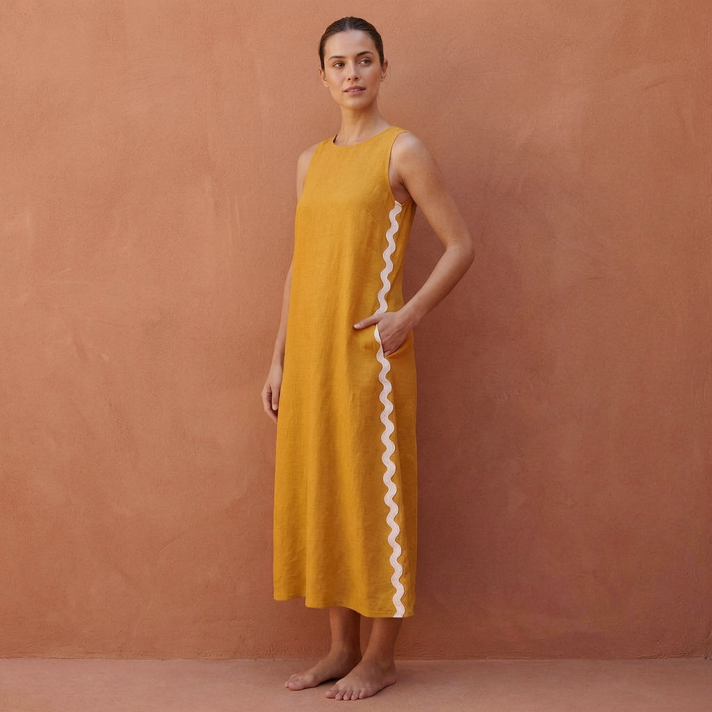 Yellow Cotton Flax Wavy Stripe Maxi Shift Dress
