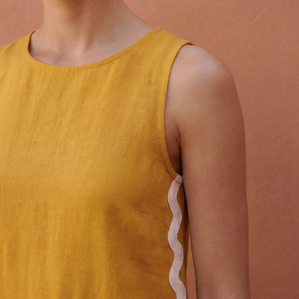 Yellow Cotton Flax Wavy Stripe Maxi Shift Dress