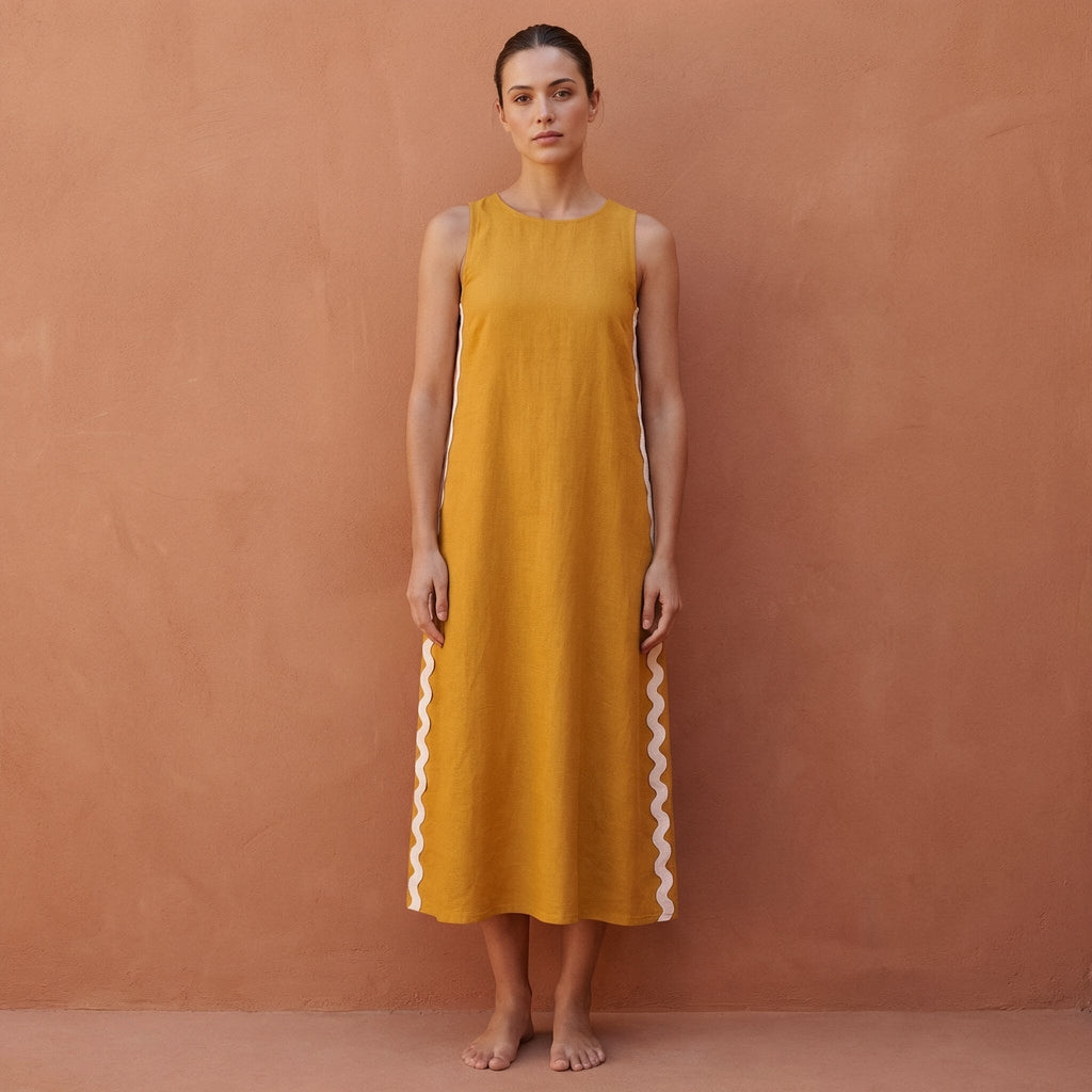Yellow Cotton Flax Wavy Stripe Maxi Shift Dress