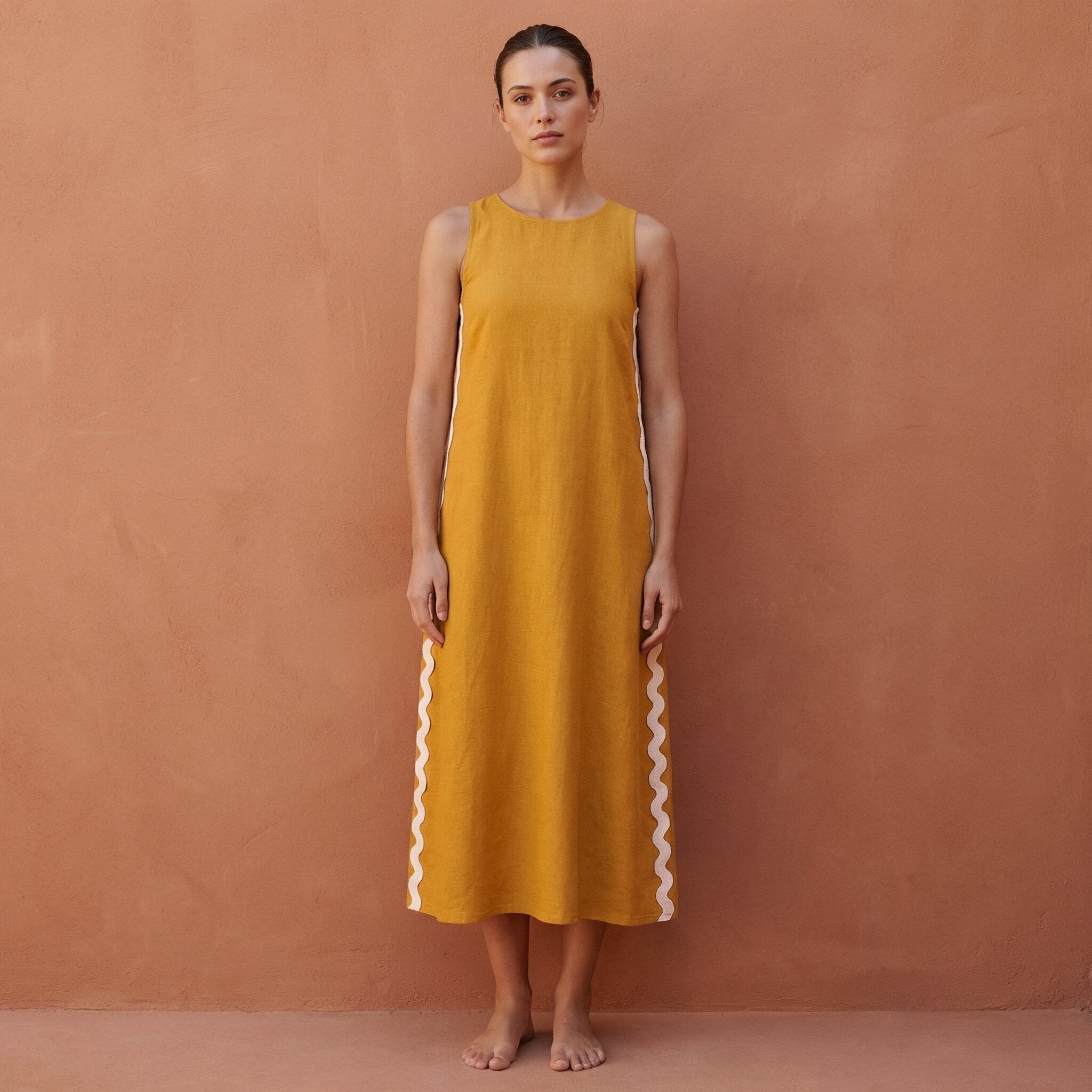 Yellow Cotton Flax Wavy Stripe Maxi Shift Dress