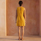 Yellow Cotton Flax Wavy Stripe Short Shift Dress