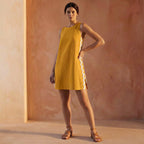 Yellow Cotton Flax Wavy Stripe Short Shift Dress