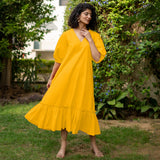 Yellow Cotton Poplin A-Line Deep Neck Maxi Tier Dress