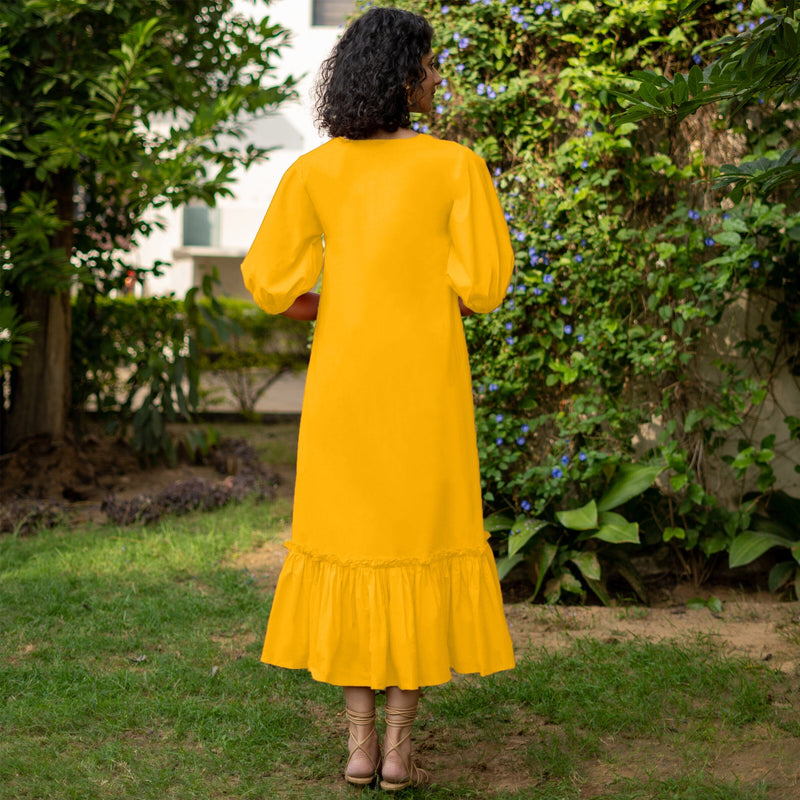 Yellow Cotton Poplin A-Line Deep Neck Maxi Tier Dress