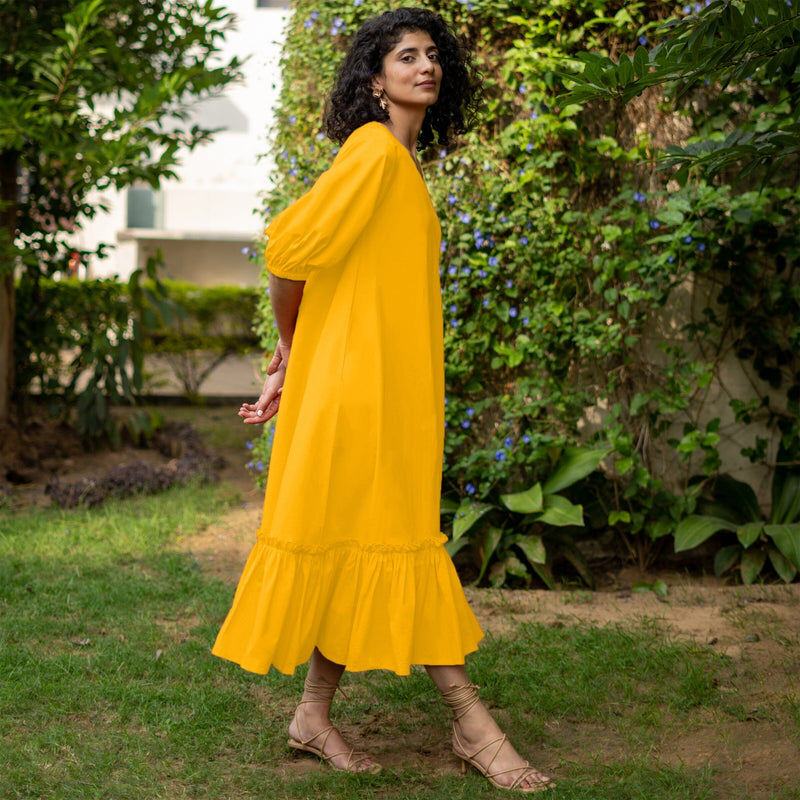 Yellow Cotton Poplin A-Line Deep Neck Maxi Tier Dress