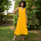 Yellow Cotton Poplin A-Line Deep Neck Sleeveless Maxi Dress