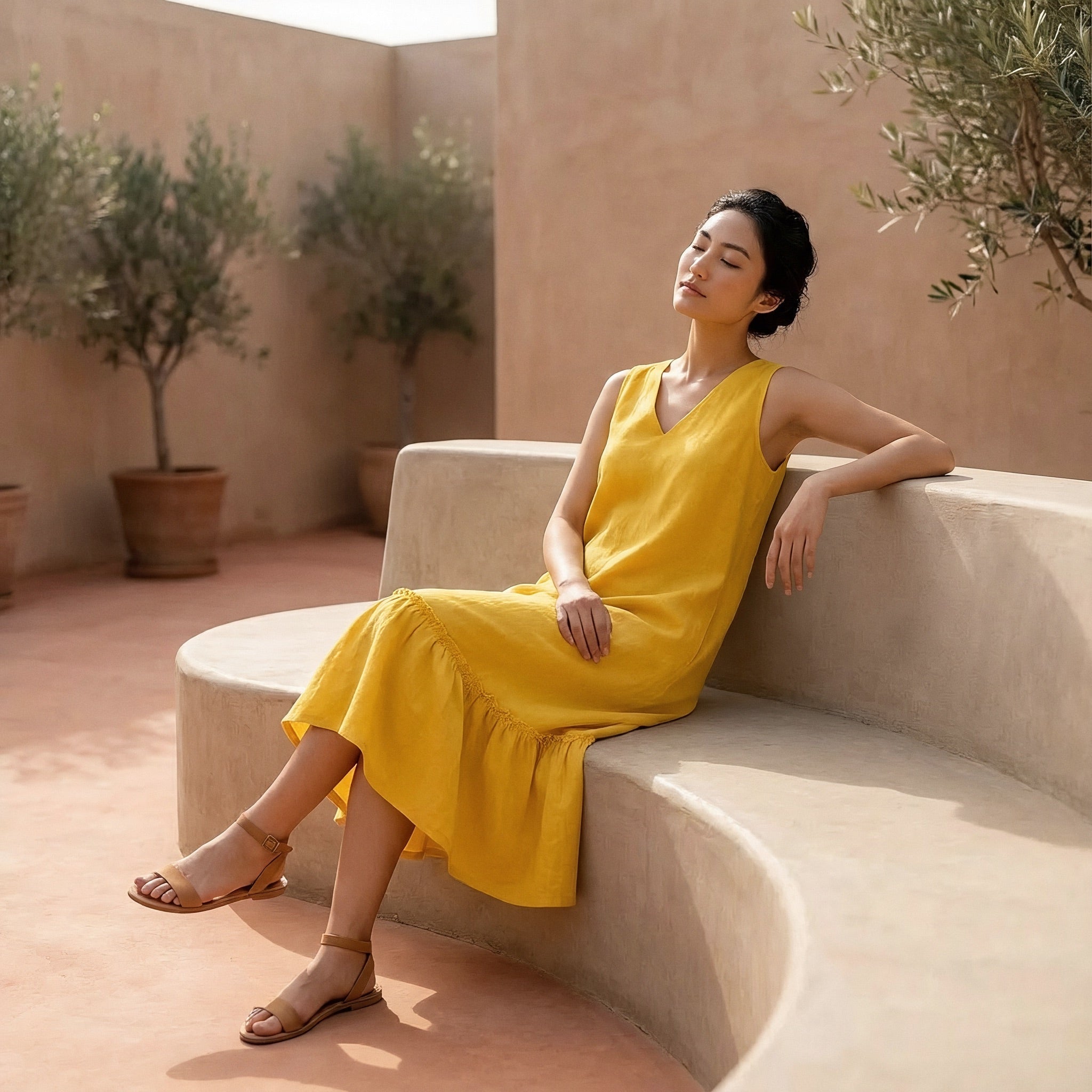 Yellow Cotton Poplin A-Line V-Neck Sleeveless Maxi Tier Dress