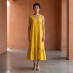 Yellow Cotton Poplin A-Line V-Neck Sleeveless Maxi Tier Dress