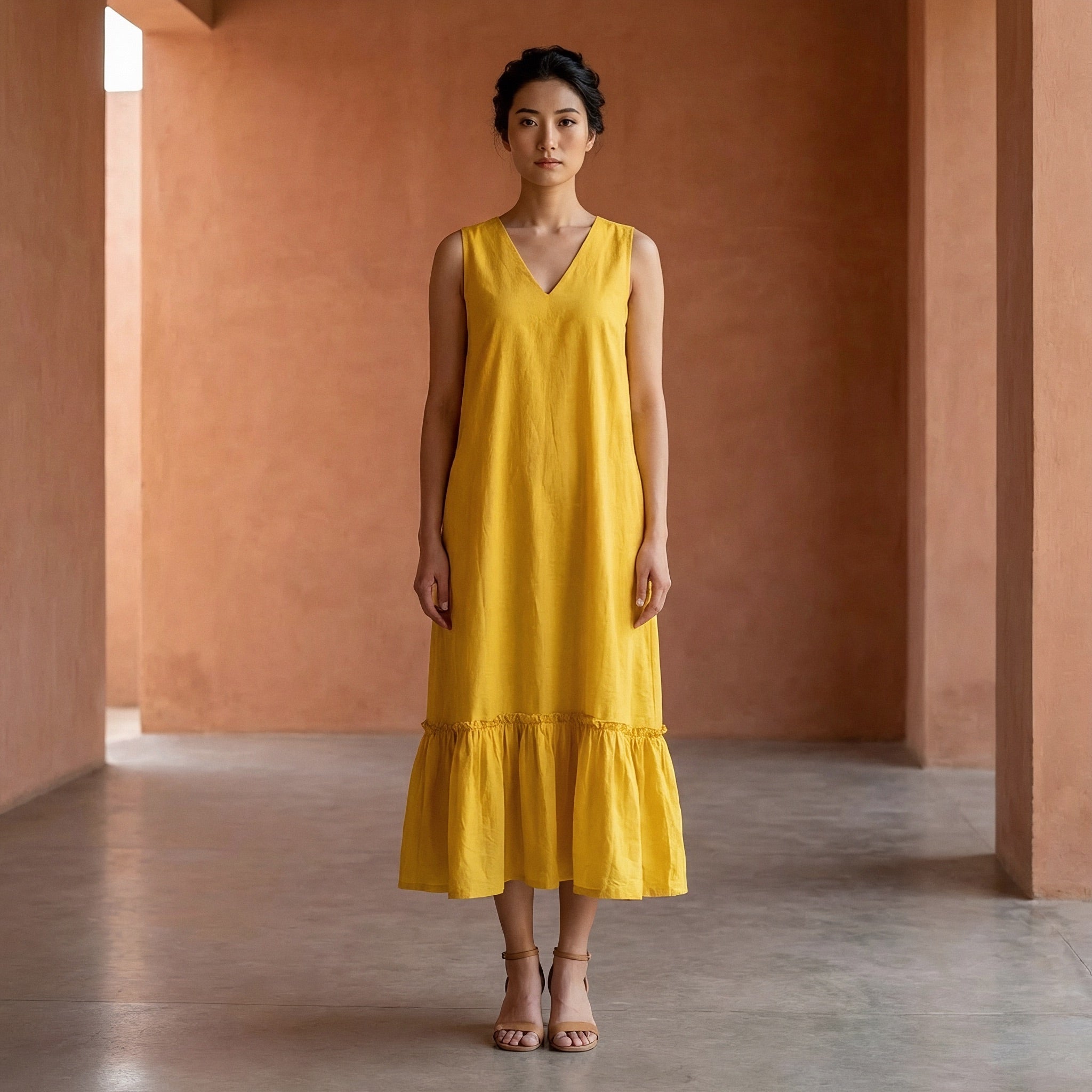 Yellow Cotton Poplin A-Line V-Neck Sleeveless Maxi Tier Dress
