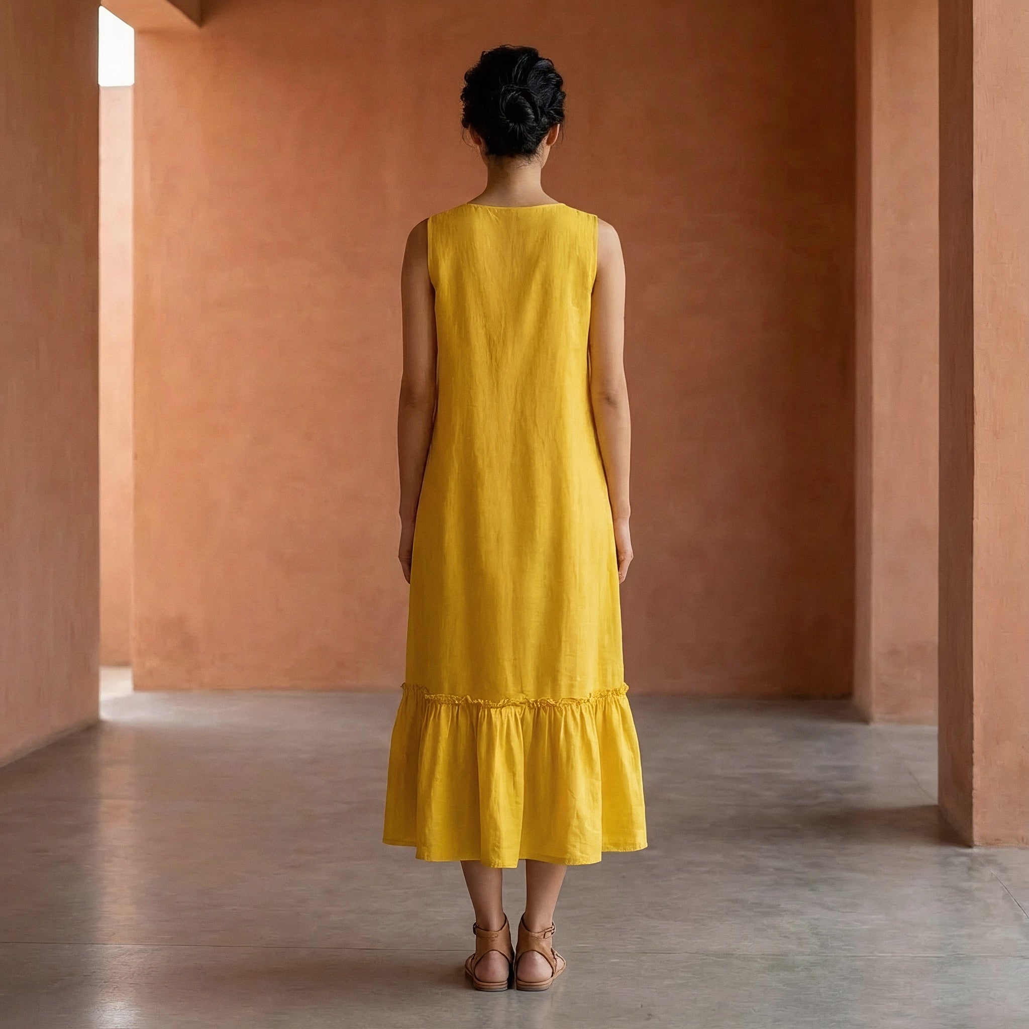Yellow Cotton Poplin A-Line V-Neck Sleeveless Maxi Tier Dress