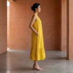 Yellow Cotton Poplin A-Line V-Neck Sleeveless Maxi Tier Dress