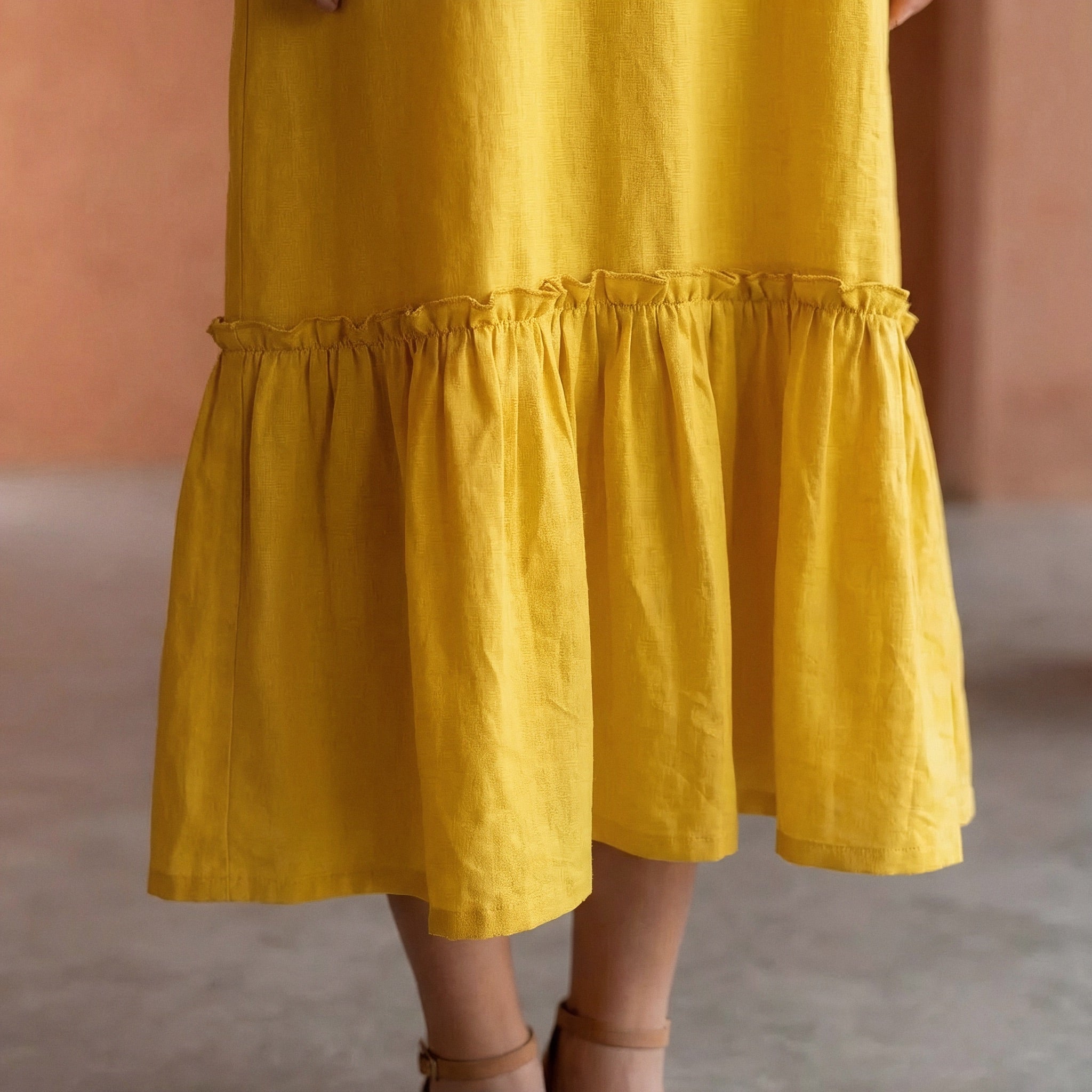 Yellow Cotton Poplin A-Line V-Neck Sleeveless Maxi Tier Dress