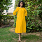 Yellow Cotton Poplin A-Line Detachable Sleeve Flared Midi Dress