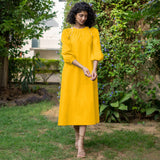 Yellow Cotton Poplin A-Line Detachable Sleeve Flared Midi Dress