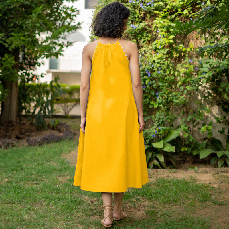 Yellow Cotton Poplin A-Line Detachable Sleeve Flared Midi Dress