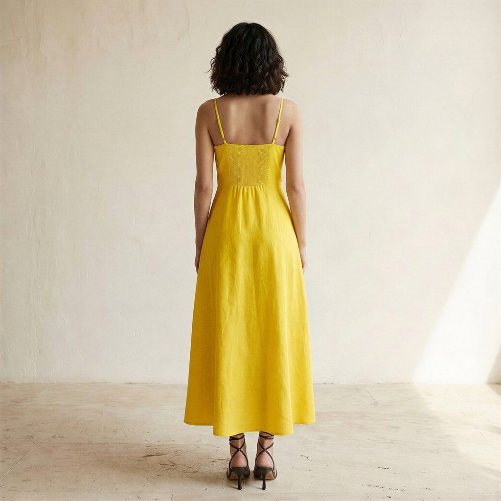 Yellow Cotton Poplin Ankle Length Flared Sundress