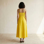 Yellow Cotton Poplin Ankle Length Flared Sundress