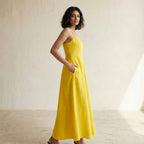 Yellow Cotton Poplin Ankle Length Flared Sundress