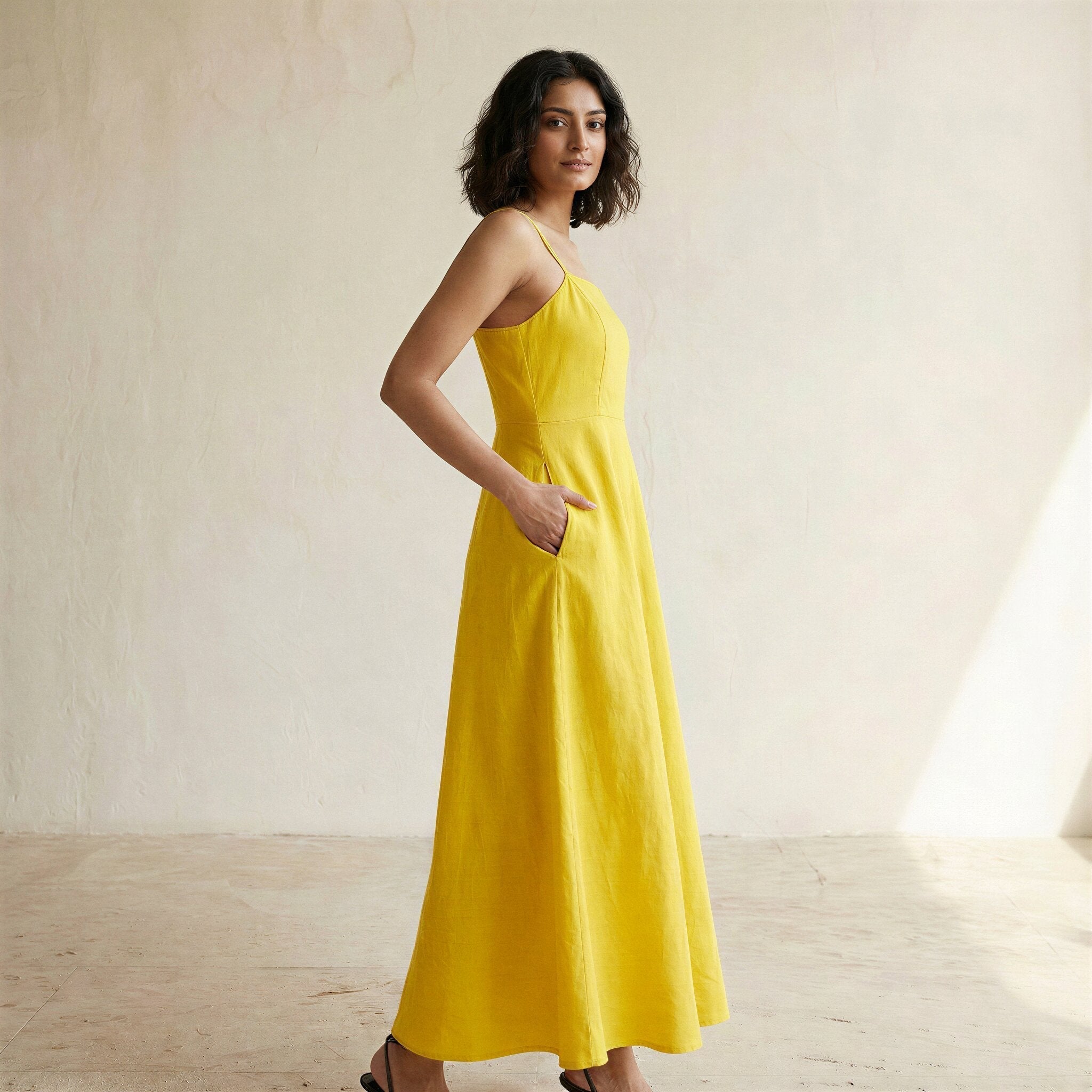 Yellow Cotton Poplin Ankle Length Flared Sundress