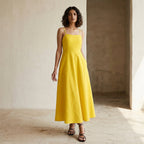 Yellow Cotton Poplin Ankle Length Flared Sundress