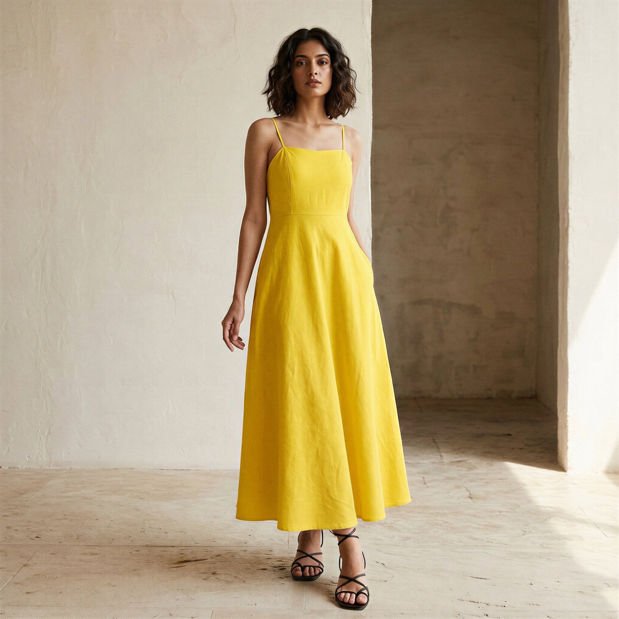 Yellow Cotton Poplin Ankle Length Flared Sundress