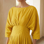 Yellow Cotton Poplin Cinched Waist Flared Maxi Dress