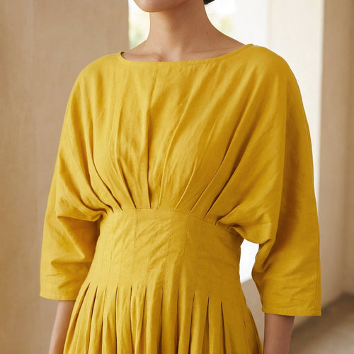 Yellow Cotton Poplin Cinched Waist Flared Maxi Dress