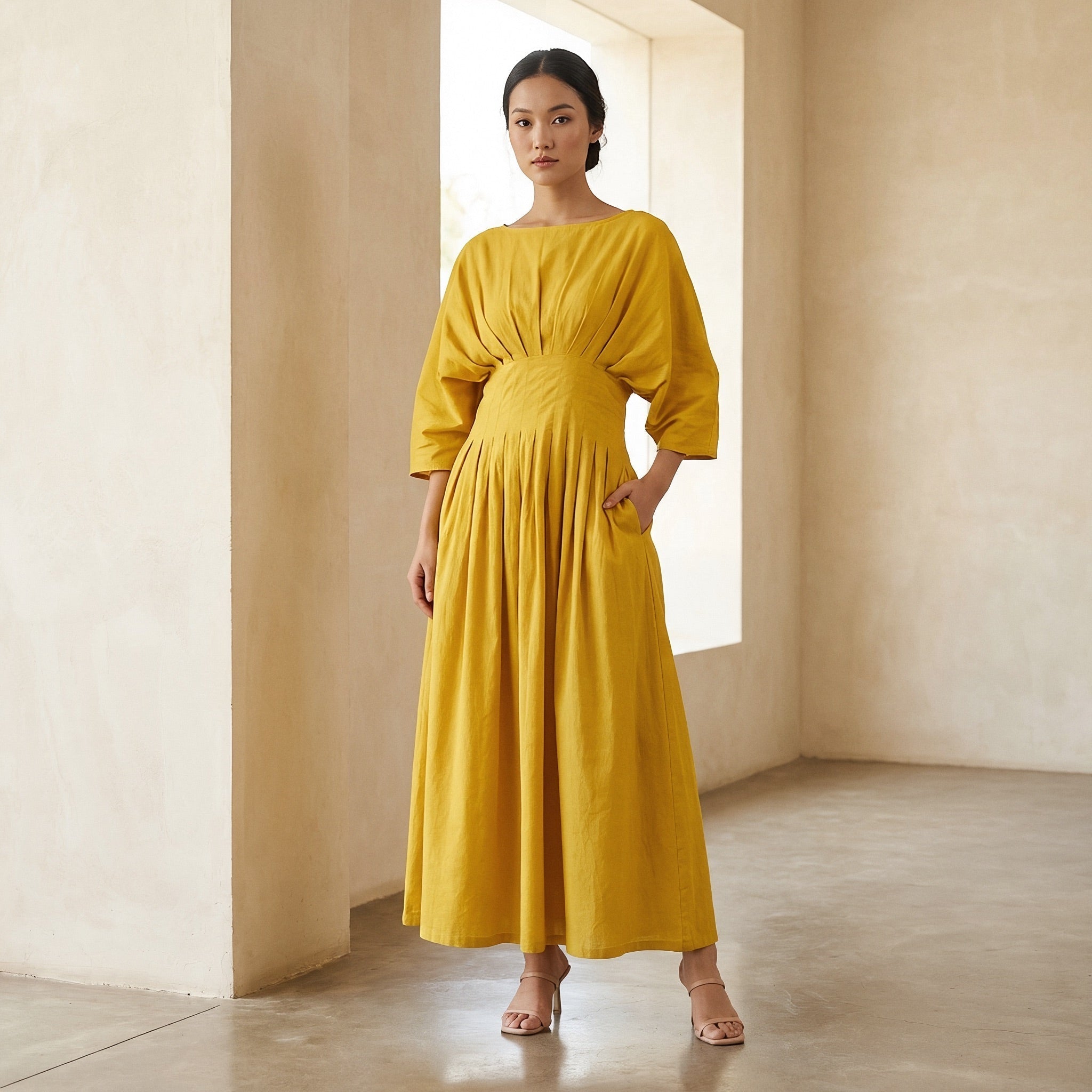 Yellow Cotton Poplin Cinched Waist Flared Maxi Dress