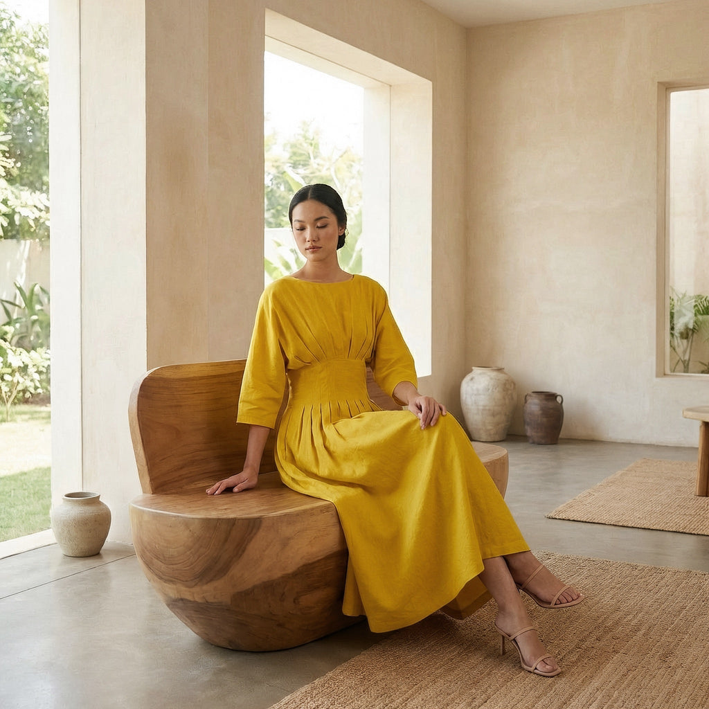 Yellow Cotton Poplin Cinched Waist Flared Maxi Dress
