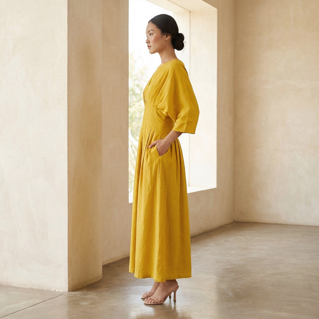 Yellow Cotton Poplin Cinched Waist Flared Maxi Dress