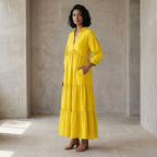 Yellow Cotton Poplin Deep-V Maxi Tier Dress