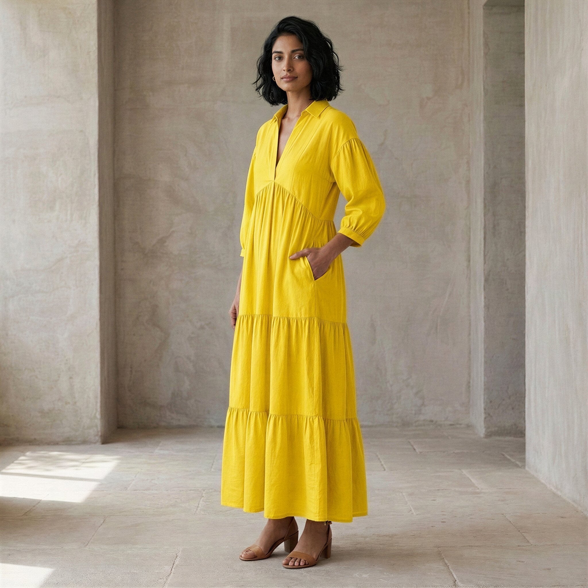 Yellow Cotton Poplin Deep-V Maxi Tier Dress