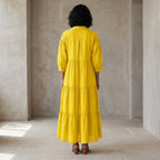 Yellow Cotton Poplin Deep-V Maxi Tier Dress