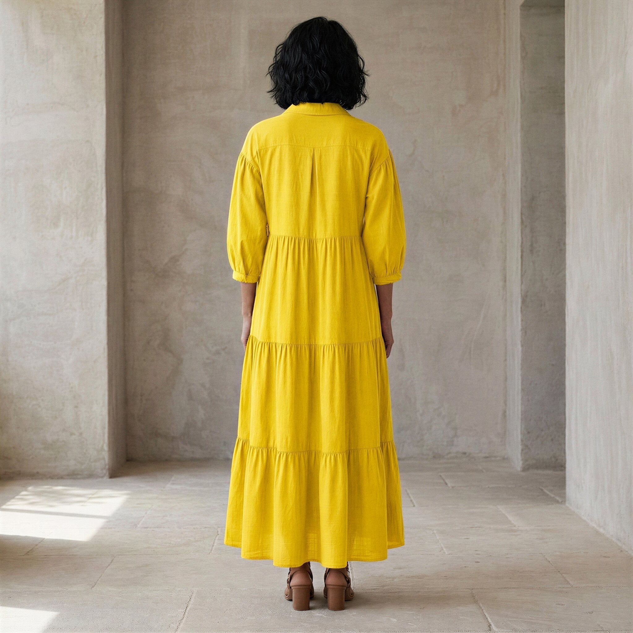 Yellow Cotton Poplin Deep-V Maxi Tier Dress