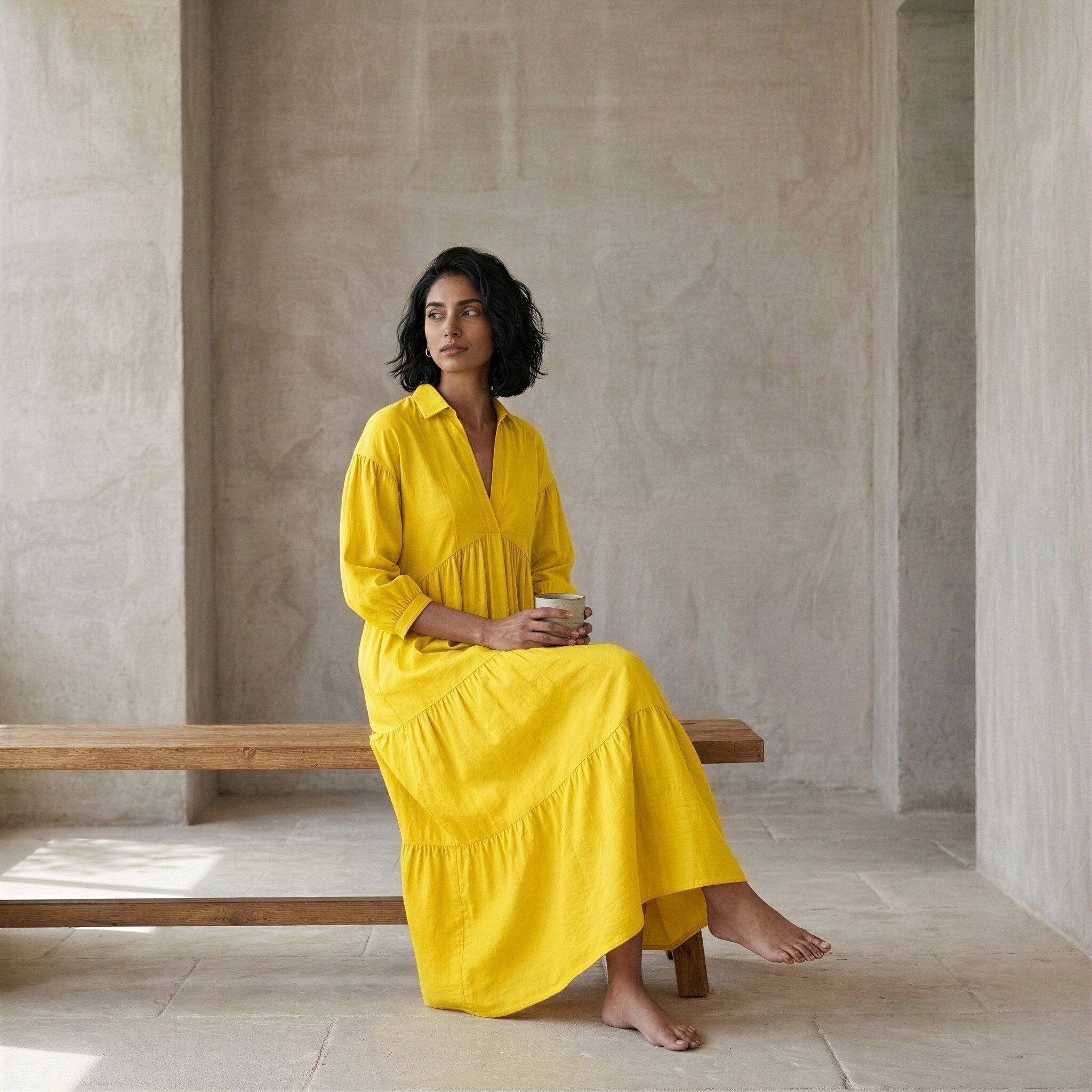 Yellow Cotton Poplin Deep-V Maxi Tier Dress