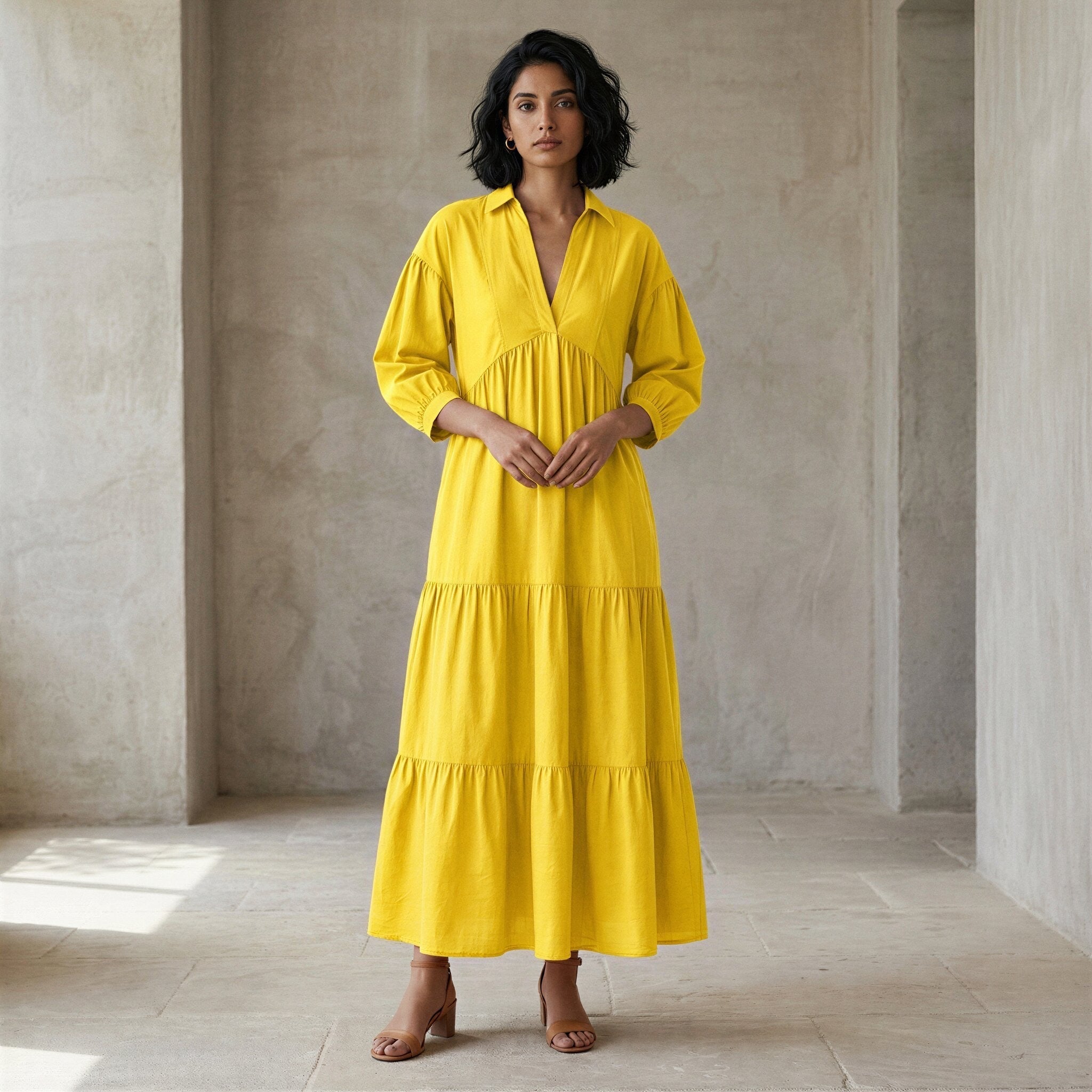 Yellow Cotton Poplin Deep-V Maxi Tier Dress