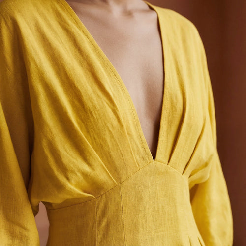 Yellow Cotton Poplin Deep-V Neck Empire Waist Maxi Dress