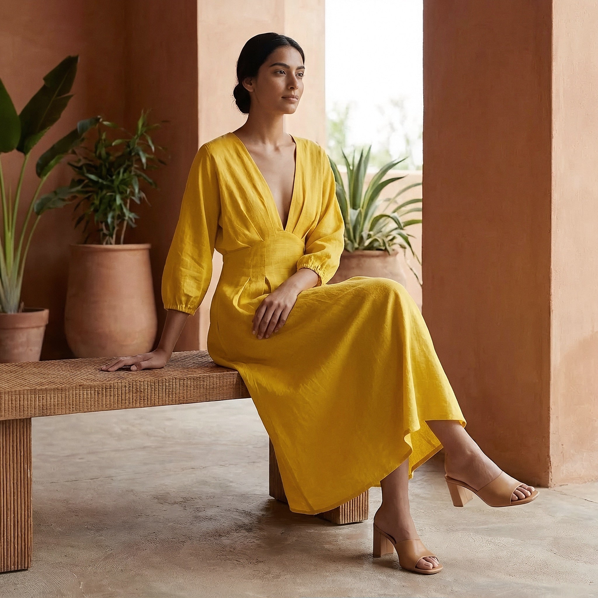 Yellow Cotton Poplin Deep-V Neck Empire Waist Maxi Dress