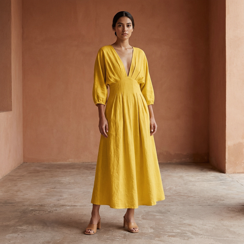 Yellow Cotton Poplin Deep-V Neck Empire Waist Maxi Dress