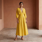 Yellow Cotton Poplin Deep-V Neck Empire Waist Maxi Dress
